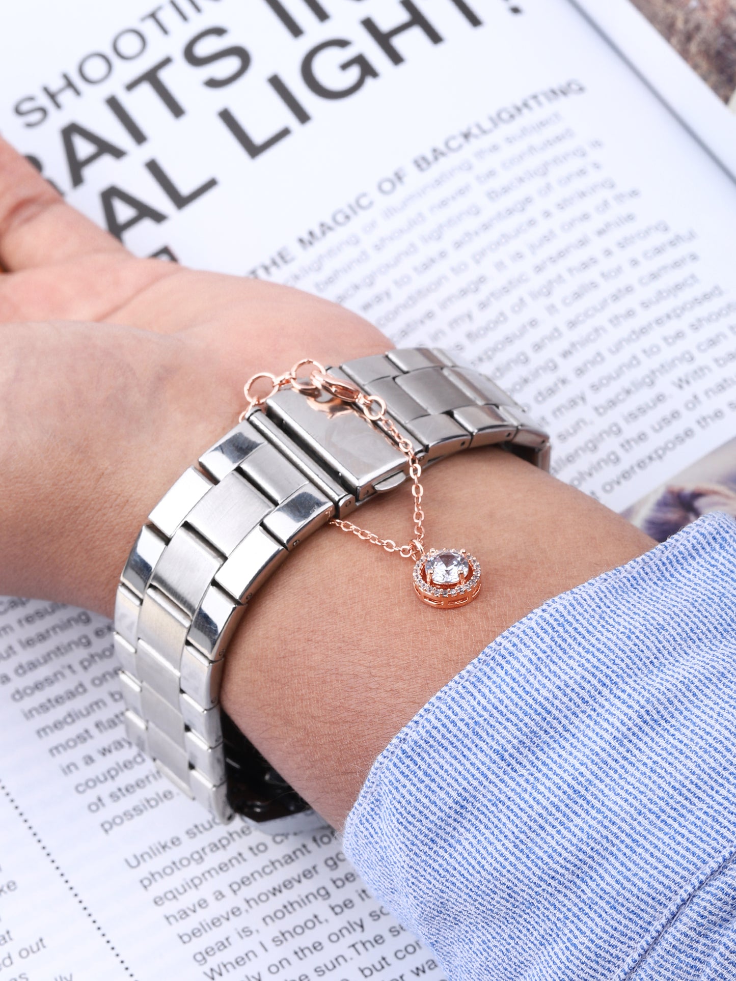 Round Shape Solitaire CZ Watch Charm (Rose Gold)